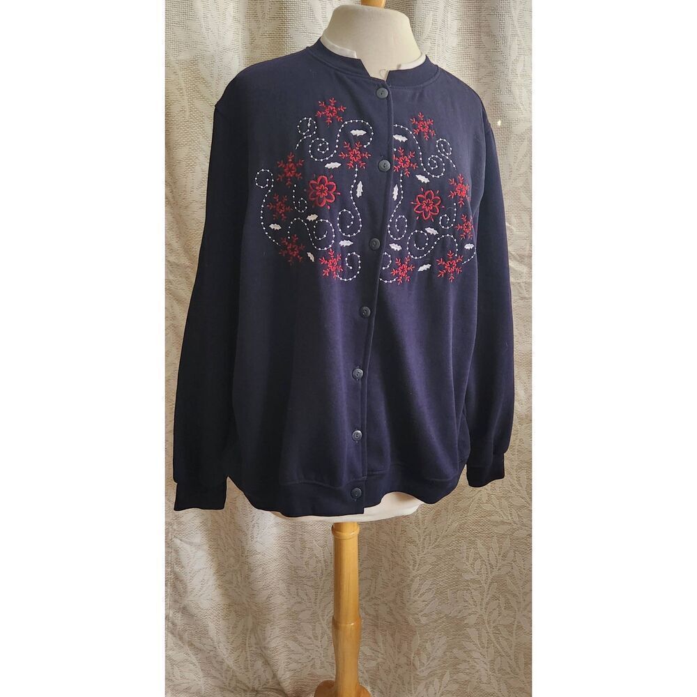 H0 Hartfield Design blue button-up sweatshirt red & white embroidered floral